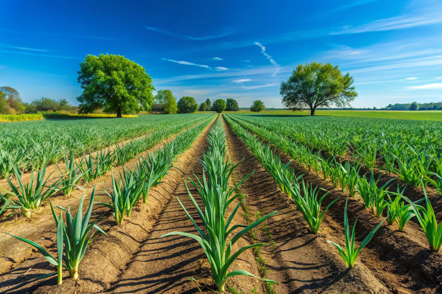 Imagem de um campo verde com fileiras de plantas de alho crescendo sob um céu azul claro, sem pessoas ou elementos identificáveis, transmitindo paz e naturalidade