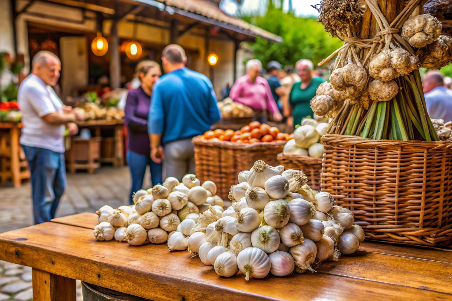 Imagem de um vendedor em um mercado português, exibindo alho fresco em uma mesa de madeira, com clientes ao redor, em um ambiente rural e acolhedor, sem marcas ou texto visíveis