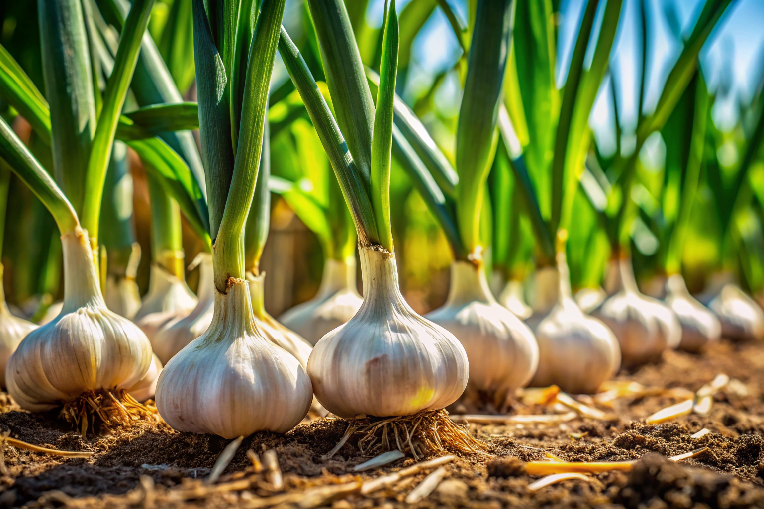 Close-up of garlic bulbs growing in a well-mulched garden bed with healthy green shoots, under natural light in a Portuguese farm setting