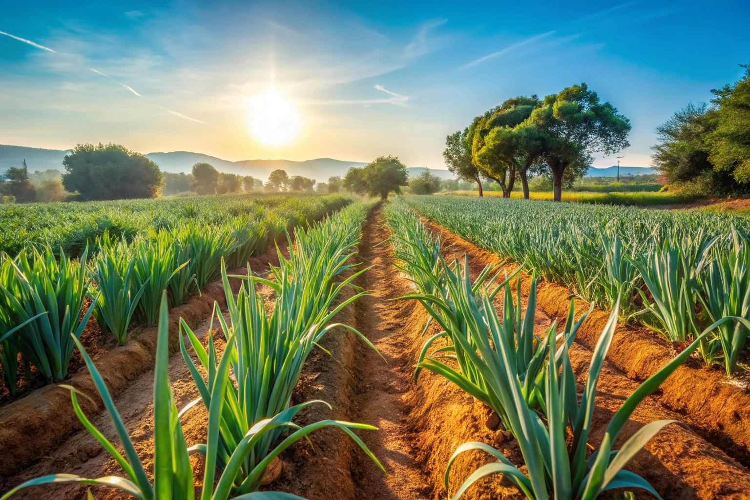 Imagem de um campo de alho orgânico em Portugal, com fileiras verdes de plantas sob a luz do sol, mostrando um ambiente natural e sustentável